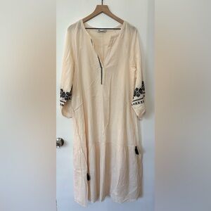 Zara Women Cream/Black Embroidered Long Sleeve Cotton Maxi Dress Medium Boho